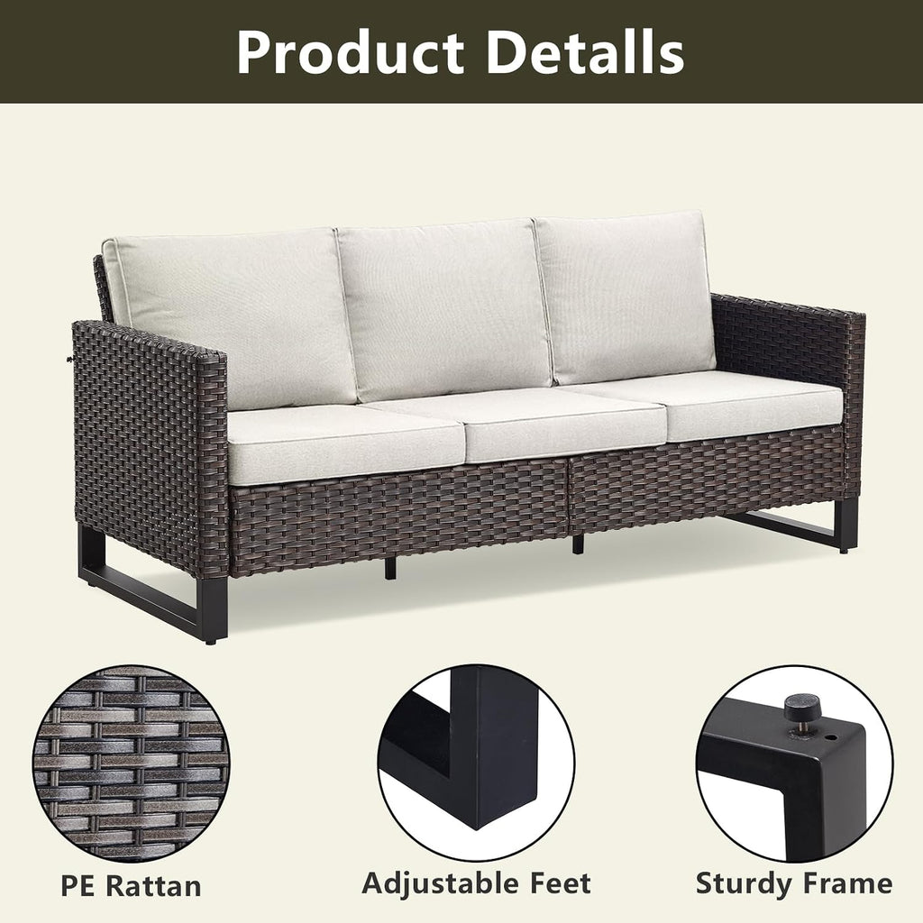 Rilyson Luxury Wicker Outdoor Couch Patio Sofa - 3 Seater Rattan Outdoor Patio Couch Water Resistant,Comfortable Cushions and Sturdy Metal Frame for Outside Porch Deck Backyard Garden(Brown/Blue)