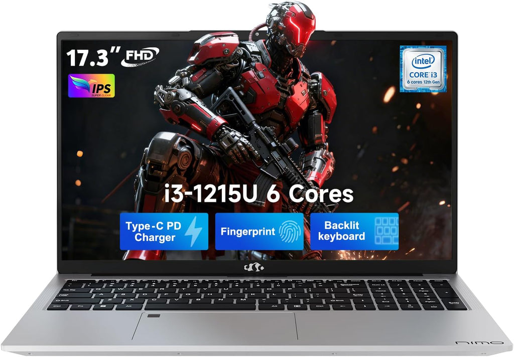 NIMO 17.3' FHD IPS Laptop, Intel Core i3-1215U (Beats i5-1135G7 Class), 16GB RAM, 512GB SSD, Windows 11 Home, Wi-Fi 6, Backlit Keyboard, Fingerprint, USB-C 65W Fast Charge, Bluetooth 5.2, 180° View