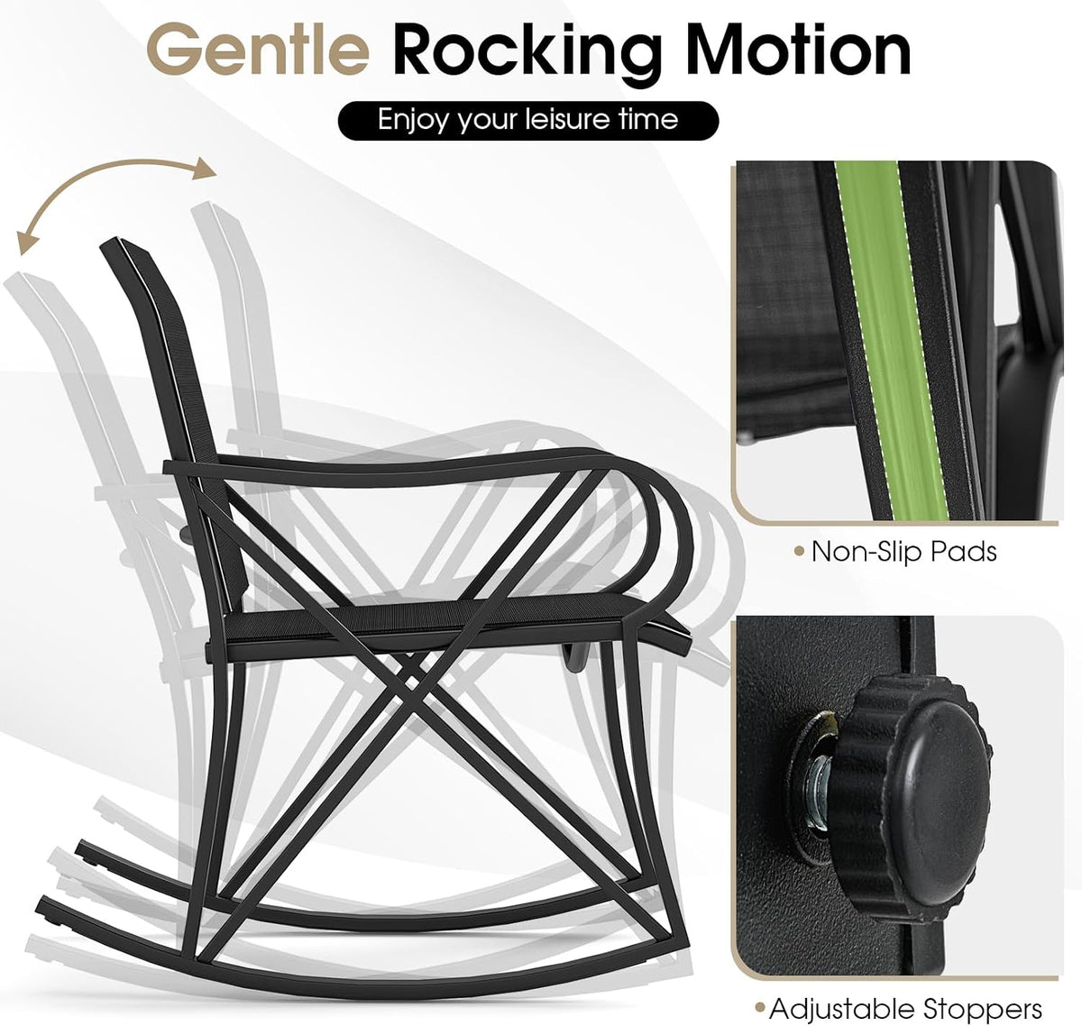 HAPPYGRILL 3-Piece Patio Rocking Bistro Set Rocker Chairs Set with Side Table, Outdoor Conversation Furniture Set with Metal Frame for Porch, Garden, Backyard, Balcony (Black)