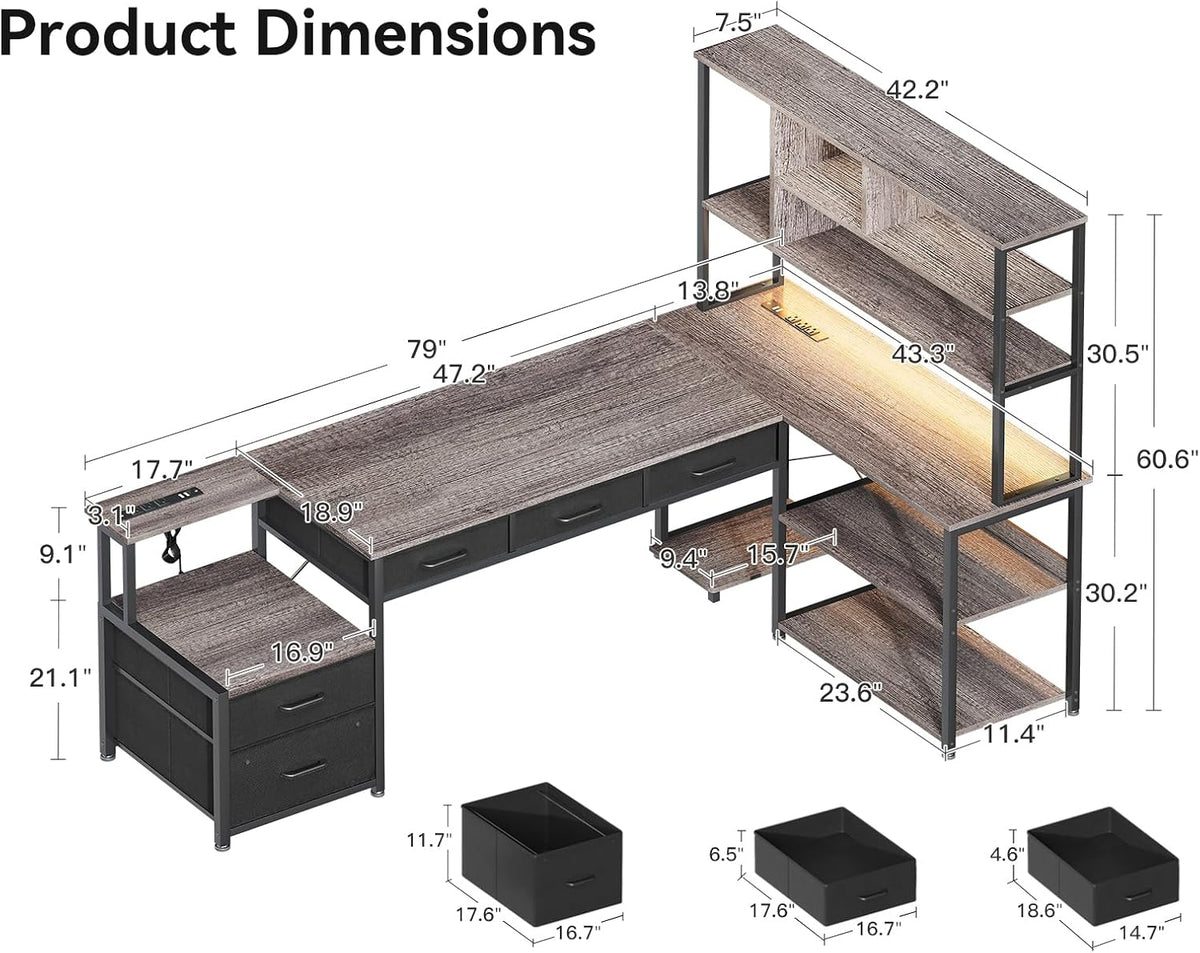 AODK 79 inch L Shaped Desk with 5 Drawers, Reversible L Shaped Gaming Desk with LED Light & 2 Power Outlets, Computer Desk with Storage Shelves for Home Office, Grey Oak