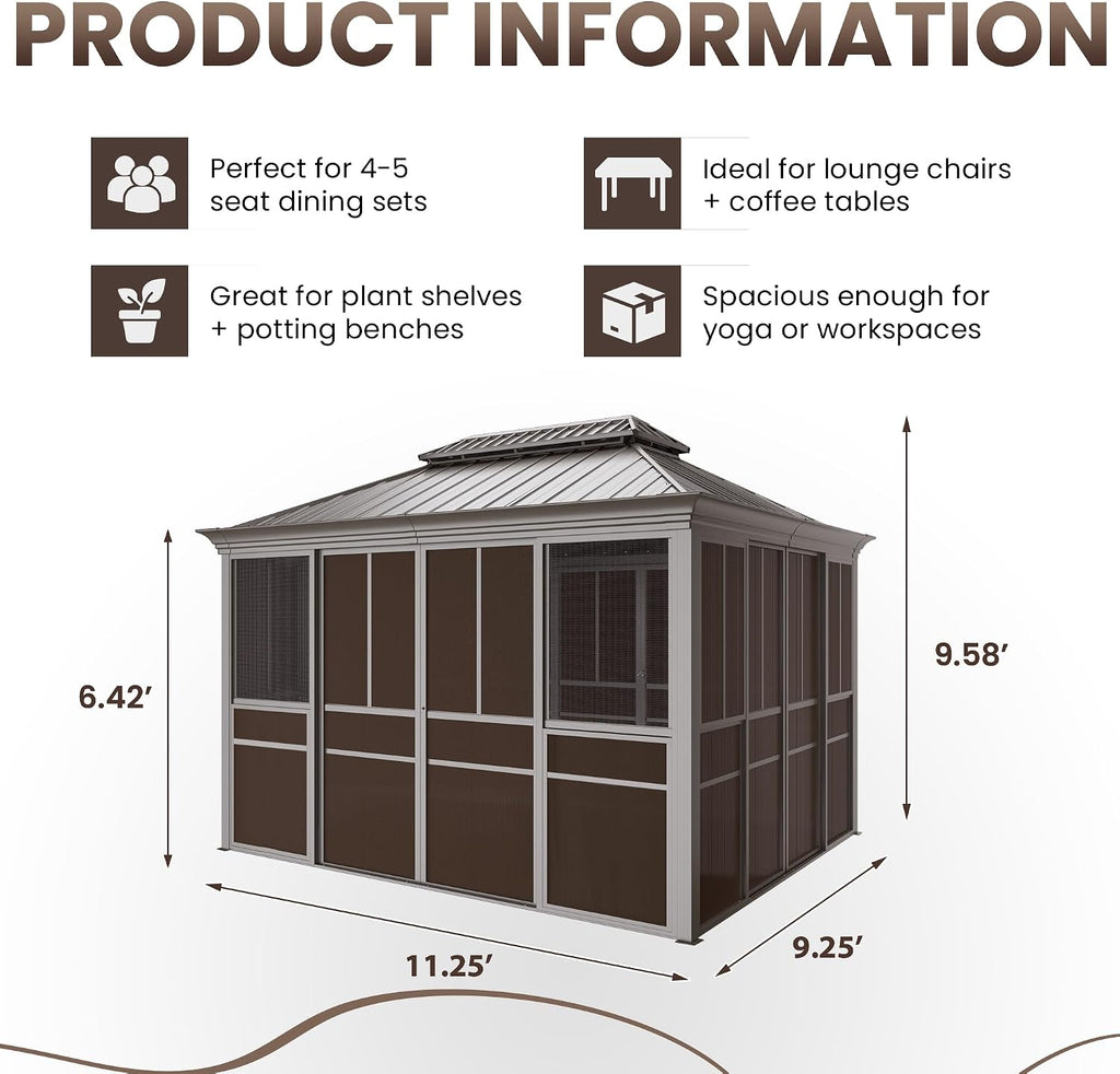 EROMMY 10' X 12' Hardtop Sunroom, Galvanized Steel Double Roof Gazebo Solarium with Detachable Windows & Lockable Doors, All-Weather Sun Room for Patio Deck Backyard