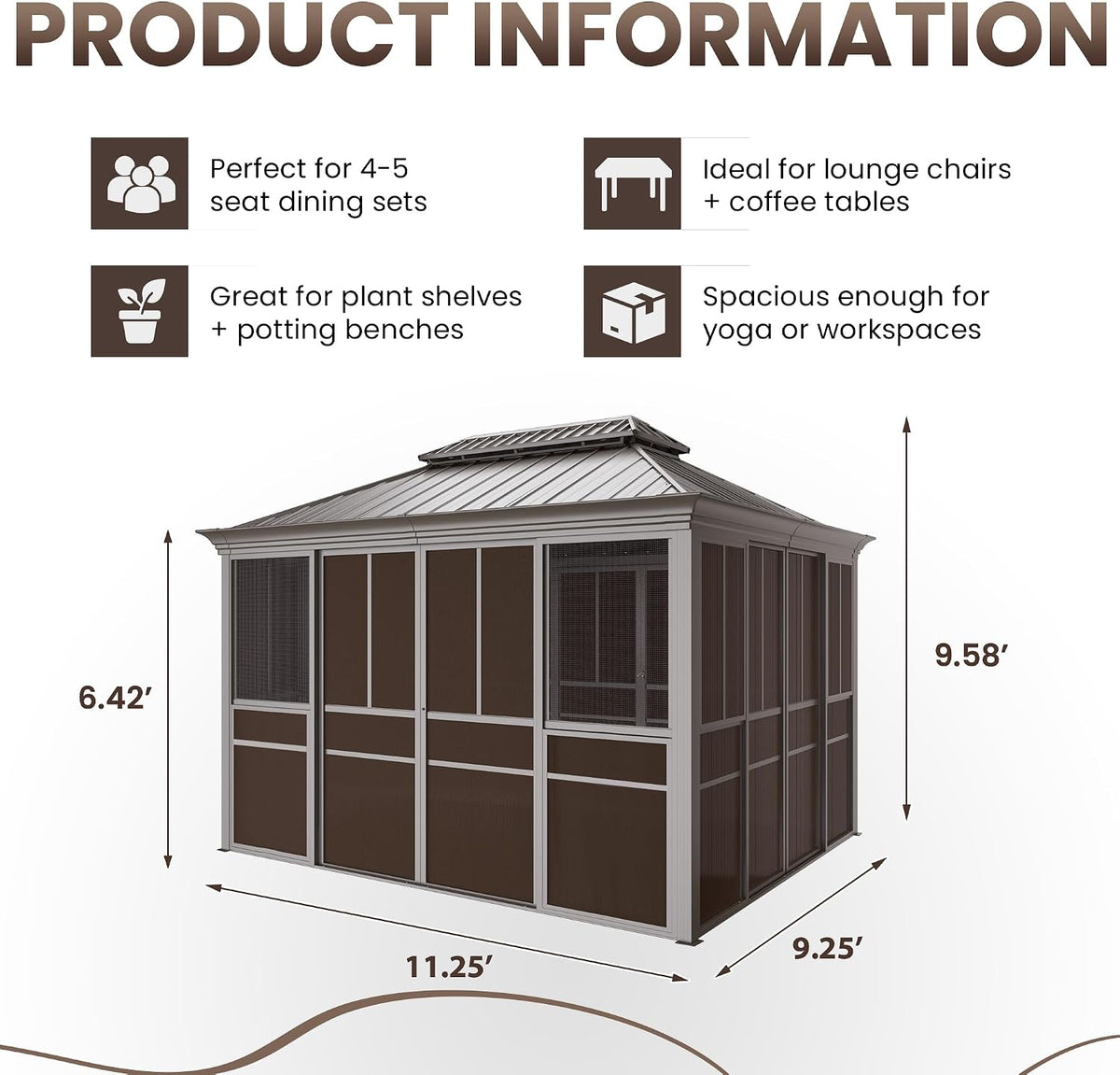 EROMMY 10' X 12' Hardtop Sunroom, Galvanized Steel Double Roof Gazebo Solarium with Detachable Windows & Lockable Doors, All-Weather Sun Room for Patio Deck Backyard