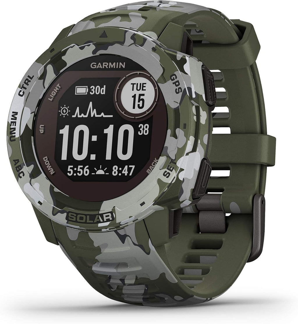 Garmin Instinct Solar, Rugged Outdoor Smartwatch with Solar Charging Capabilities, Built-in Sports Apps and Health Monitoring, Lichen Camo (Renewed)