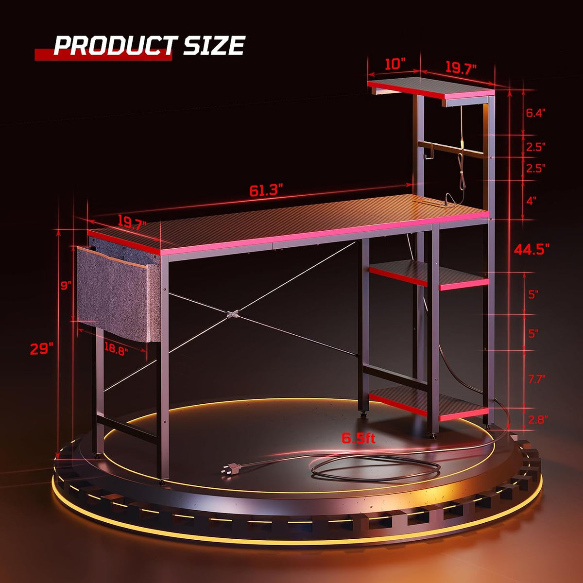 Bestier Gaming Desk with Power Outlets, 61 Inch Large Led Gamer Desk with 4 Tiers Reversible Shelves, PC Gaming Table with Headset Hook & Side Storage Bag for Bedroom (Black 3D Carbon Fiber)