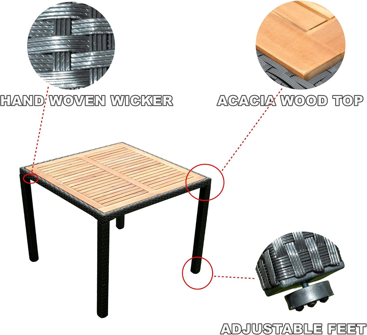 EMKK 5 Piece Outdoor Dining Set All-Weather Wicker Patio Table and Chairs with Cushions, Acacia Glass Tabletop for Backyard Porch Garden Poolside