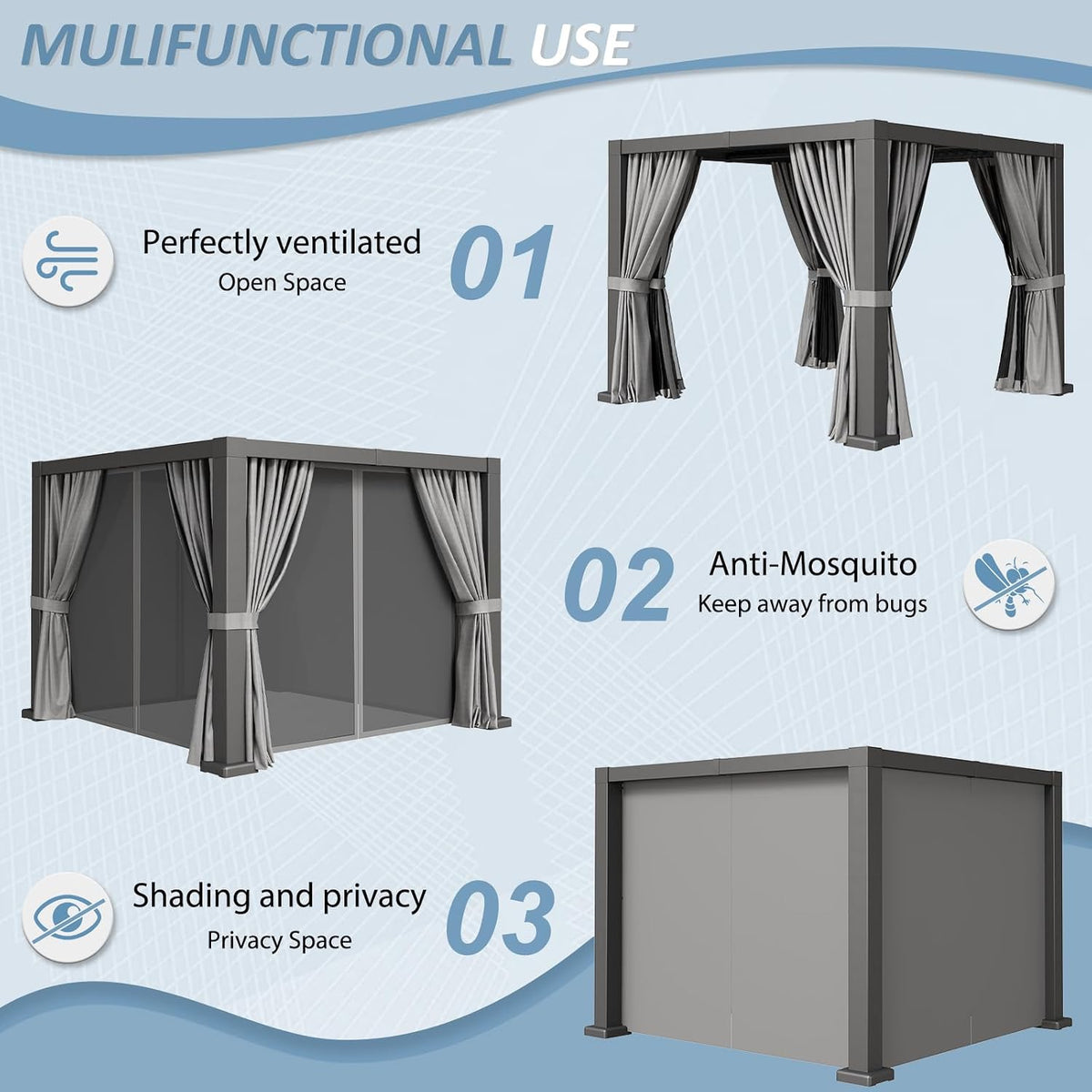 Aoxun Louvered Pergola 10' x 10' Outdoor Aluminum Pergola Adjustable Roof, with Waterproof Curtains and Nets, for Decks, Gardens, Gray