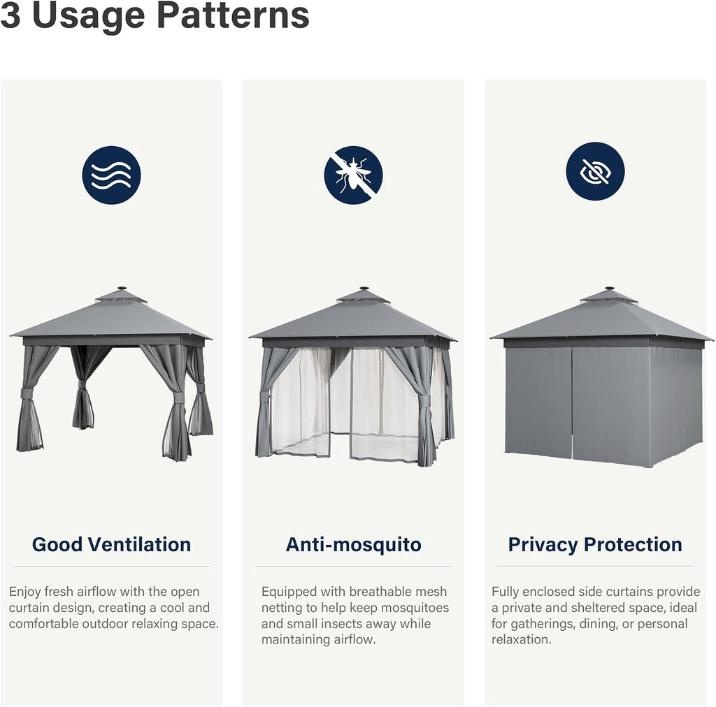 LAUSAINT HOME 10'x10' Outdoor Gazebo with Solar LED Lights, Metal Frame Heavy Duty Patio Canopy Tent Shelter with Double Roofs, Mosquito Nettings and Privacy Screens for Backyard, Garden, Lawn, Gray