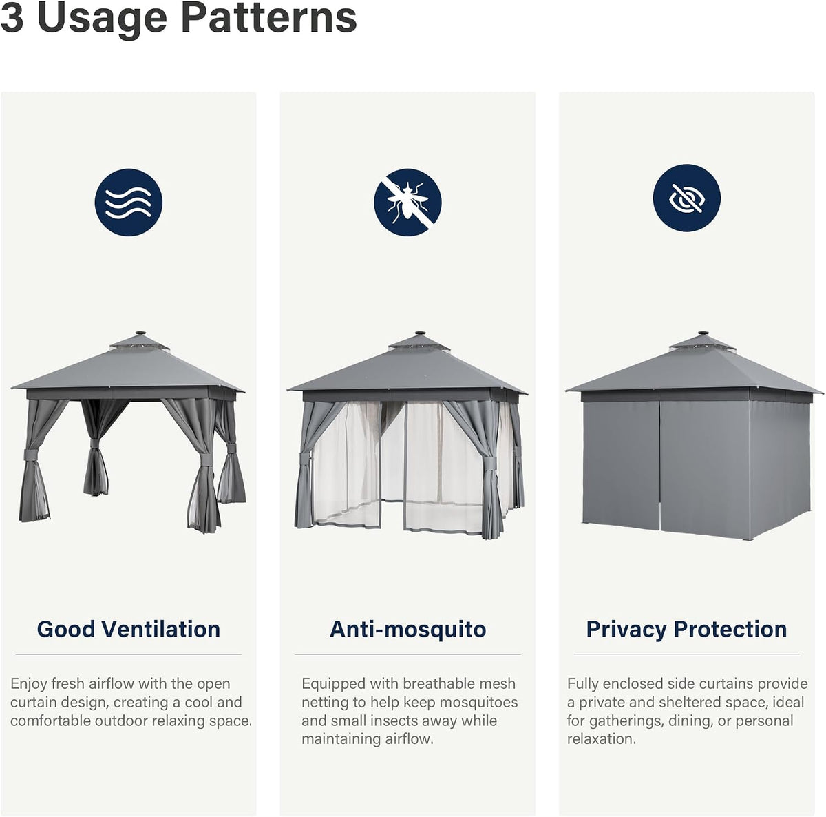 LAUSAINT HOME 10'x10' Outdoor Gazebo with Solar LED Lights, Metal Frame Heavy Duty Patio Canopy Tent Shelter with Double Roofs, Mosquito Nettings and Privacy Screens for Backyard, Garden, Lawn, Gray
