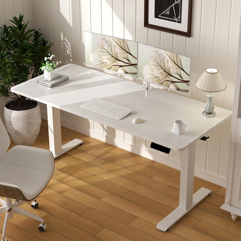 Veken 55 x 23.6 Inch Electric Standing Desk with Adjustable Height, Sit to Stand Computer Table for Study, Work or Gaming, Home Office Desk White