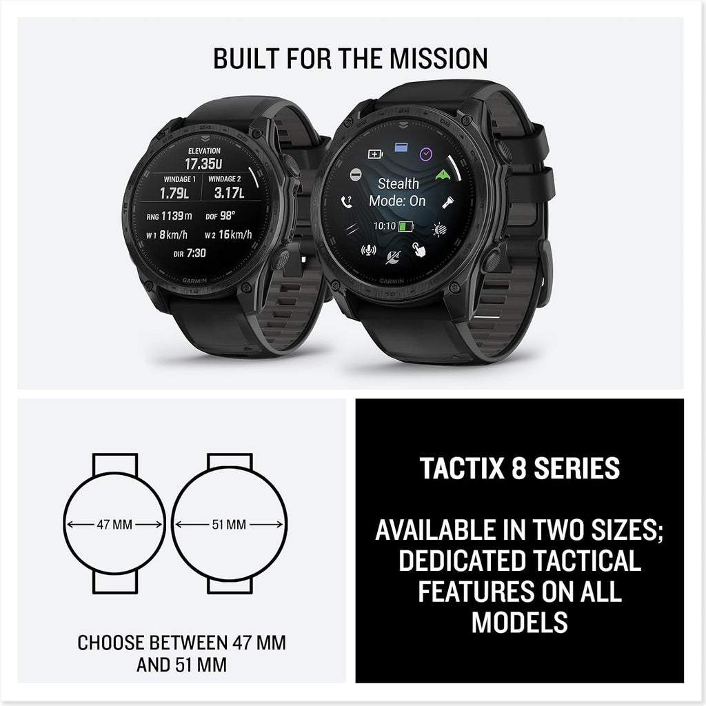 Garmin Tactix 8 47mm AMOLED Display Smart Watch, Built-in Flashlight, 16 Days Battery Life, Premium Tactical GPS Smartwatch, Includes Applied Ballistics Ultralight Solver Bundle with Earbuds and More