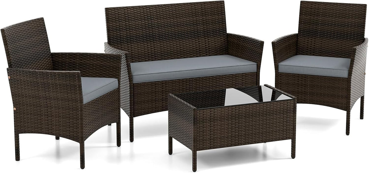 DORTALA Wicker Patio Furniture Set 4 Piece, Outdoor PE Rattan Table & Chairs Set with Tempered Glass Coffee Table, Loveseat, Cushions, Conversation Set for Balcony, Porch, Backyard, Deck, Gray