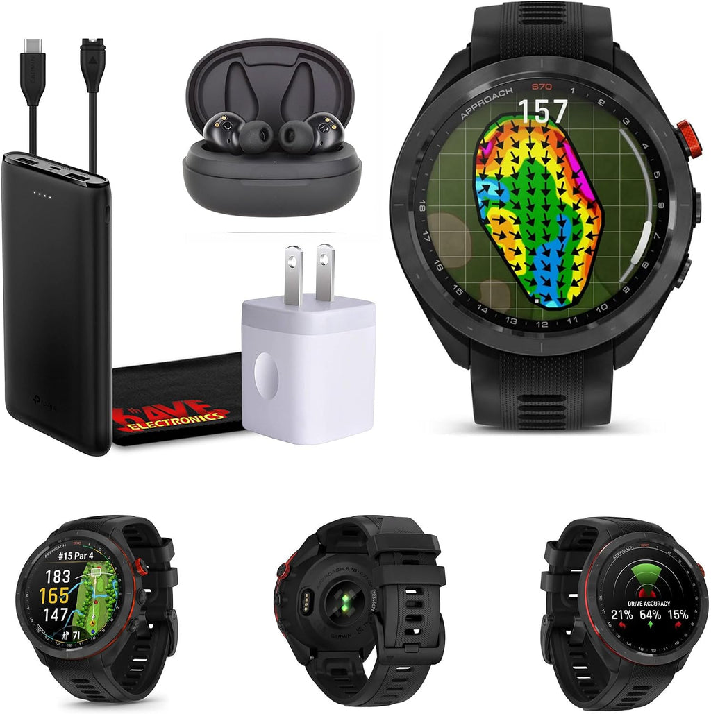 Garmin Approach S70 47MM Black- Golf GPS Fitness Tracker Smartwatch for Men, Lightweight Touchscreen AMOLED Display and Preloaded Courses Bundle with Air Pro TWS Truly Wireless Earbuds - (Color May