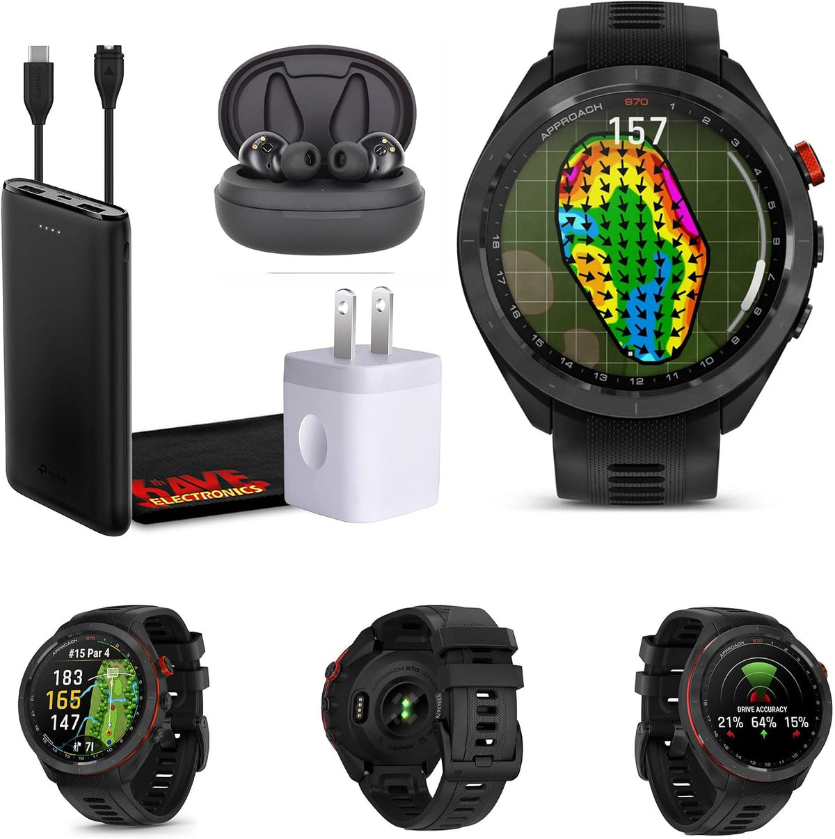 Garmin Approach S70 47MM Black- Golf GPS Fitness Tracker Smartwatch for Men, Lightweight Touchscreen AMOLED Display and Preloaded Courses Bundle with Air Pro TWS Truly Wireless Earbuds - (Color May