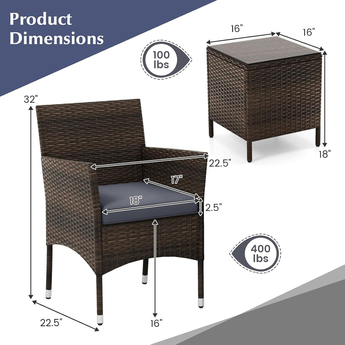 KOTEK 3 Piece Patio Furniture Set, Outdoor Wicker Patio Chairs with Soft Cushions & Tempered Glass Top Table, PE Rattan Bistro Set for Porch, Garden, Balcony (Grey)