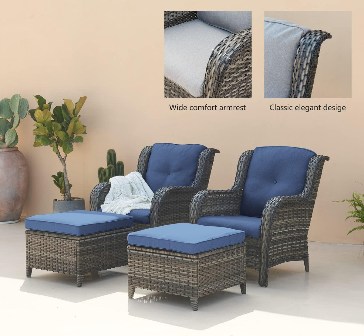 Rilyson Outdoor Patio Wicker Furniture Set - 5 Piece Rattan Patio Conversation Sectional Sofa Set with 1 Couch,2 Armchairs,2 Ottomans for Porch Deck Garden(Mixed Grey/Blue)