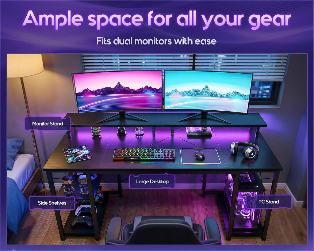 ODK 55 inch Gaming Desk with LED Lights & Power Outlets, Computer Desk with Monitor Stand & Storage Shelves, CPU Stand, Home Office Desk, Black