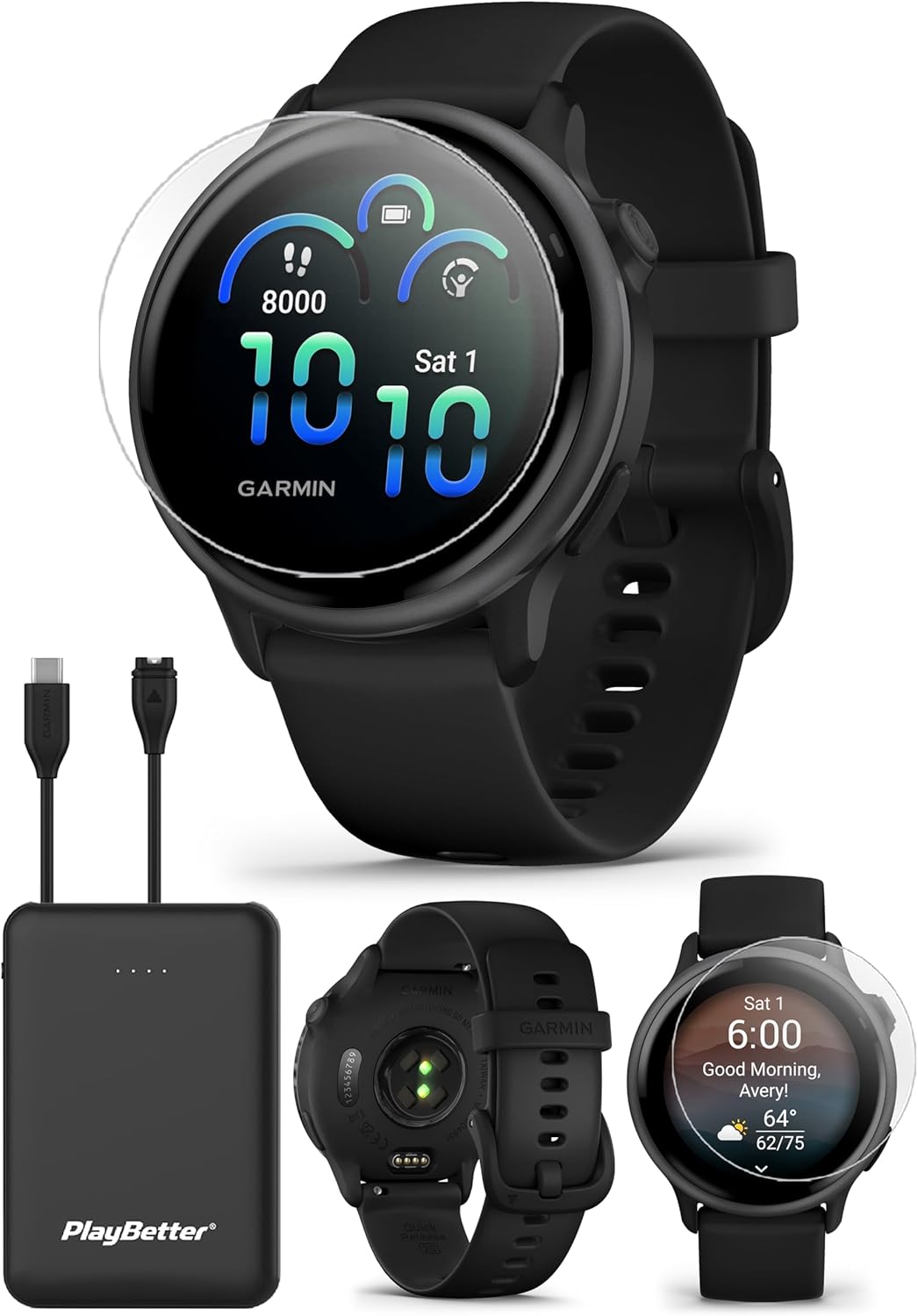 Garmin vivoactive 6 (Slate/Black) Fitness GPS Smartwatch Bundle - AMOLED Health Watch, 11-Day Battery Life, Body Battery, Music Storage with PlayBetter Screen Protectors & Portable Charger