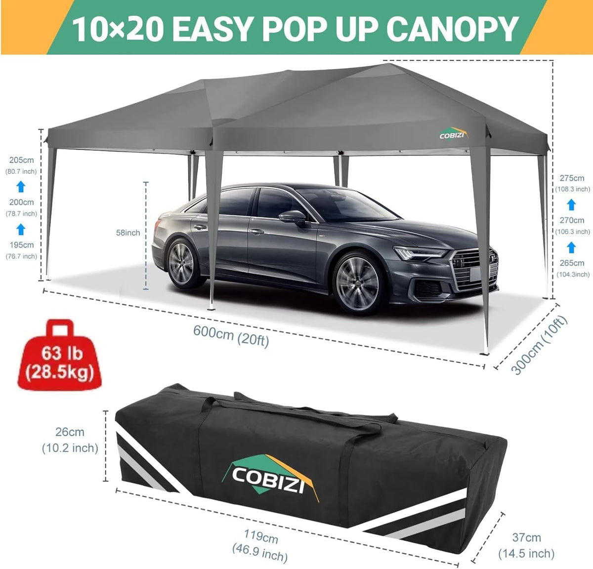 COBIZI 10x20 Pop Up Canopy Tent with 6 Sidewalls Easy Pop Up Tent 10x20 Waterproof Commercial Instant Shelter UPF 50+ Portable Gazebo Wedding Tents for Parties Carport Vender Events, Gray