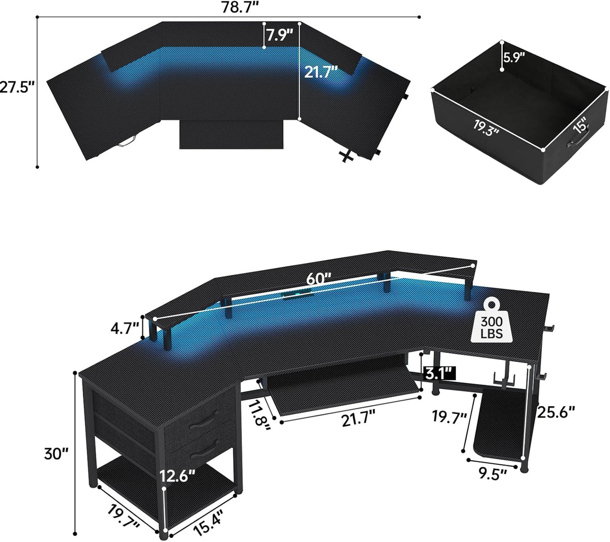 SEDETA 79' Gaming Desk, Computer Desk with 2 Fabric Drawers & LED Light, L Shaped Gaming Desk with Storage Shelf for Home Office, Carbon Fiber Black