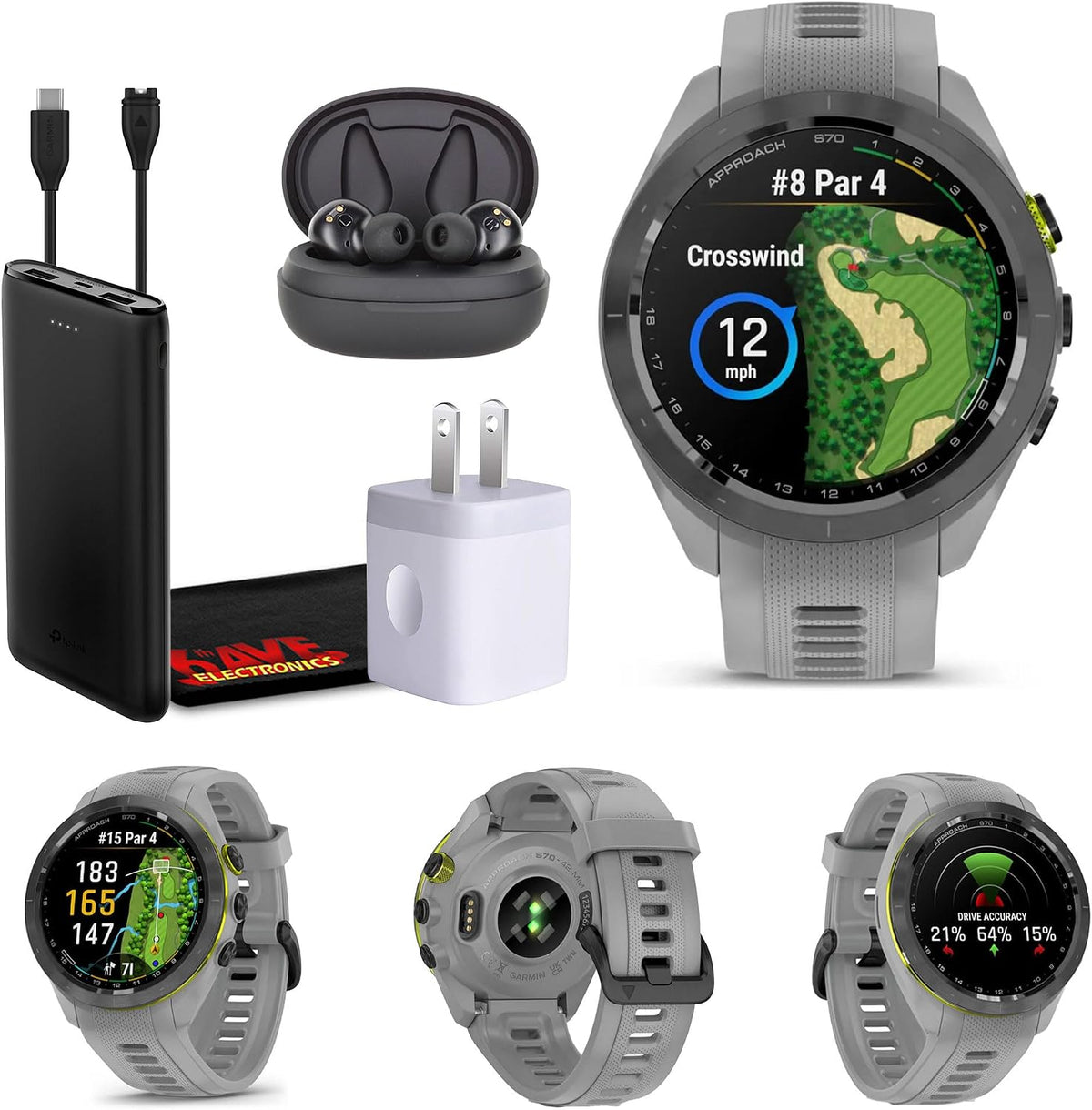 Garmin Approach S70 42MM Gray- Fitness Tracker Golf GPS Premium Smartwatch for Men, Lightweight Touchscreen AMOLED Display and Pre-Loaded Courses Bundle with Air Pro TWS Truly Wireless Earbuds -