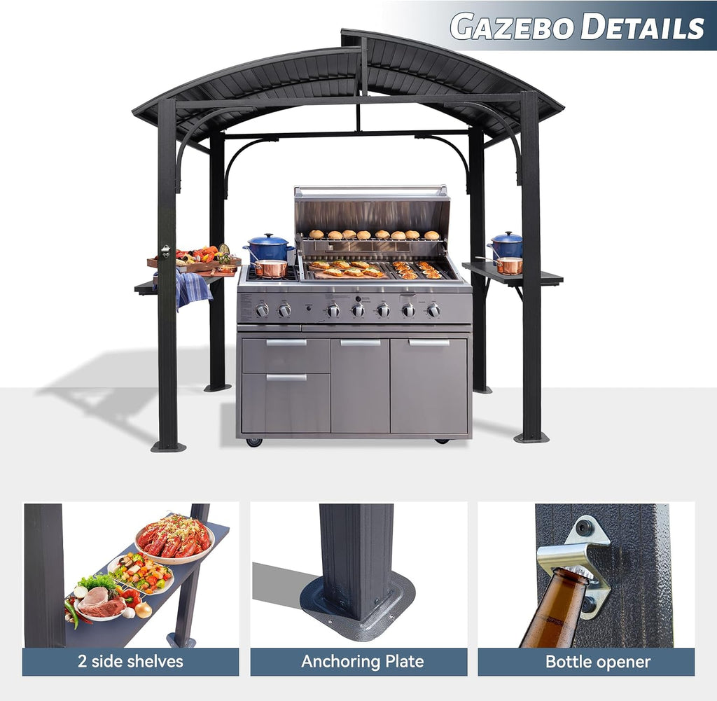 8x5FT Hardtop Grill Gazebo, All-Weather Outdoor Gazebo with 2 Side Shelves and Bottle Opener, Galvanized Steel Double ARC Roof, Outdoor Metal Grill Canopy for Patio, Backyard, Lawn, Deck – Grey