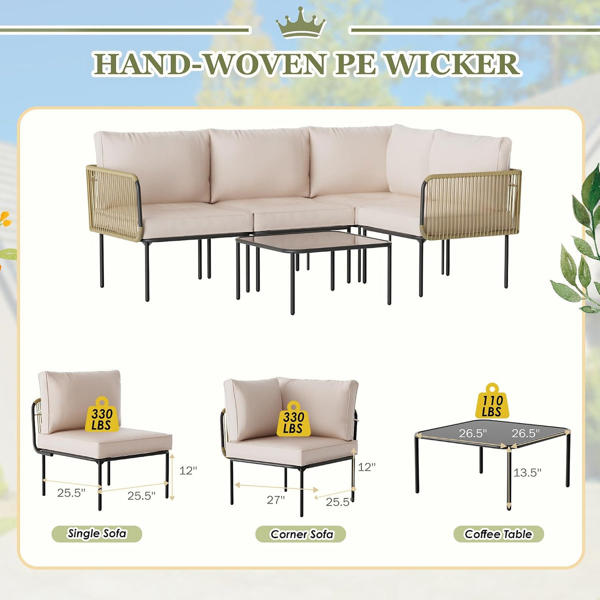Patio Furniture Set, 5 Piece Outdoor Patio L-Shaped Conversation Set with Cushions and Table, All-Weather Rattan Woven Sectional Sofa for Backyard, Porch, Boho Detachable Lounger (Beige)
