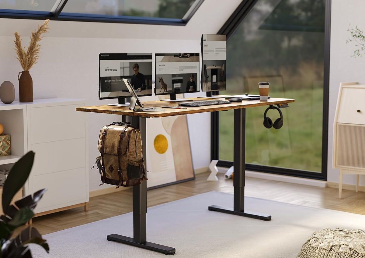 Claiks Electric Standing Desk, Adjustable Height Stand up Desk, 63x24 Inches Sit Stand Home Office Desk with Splice Board, Black Frame/Rustic Brown Top