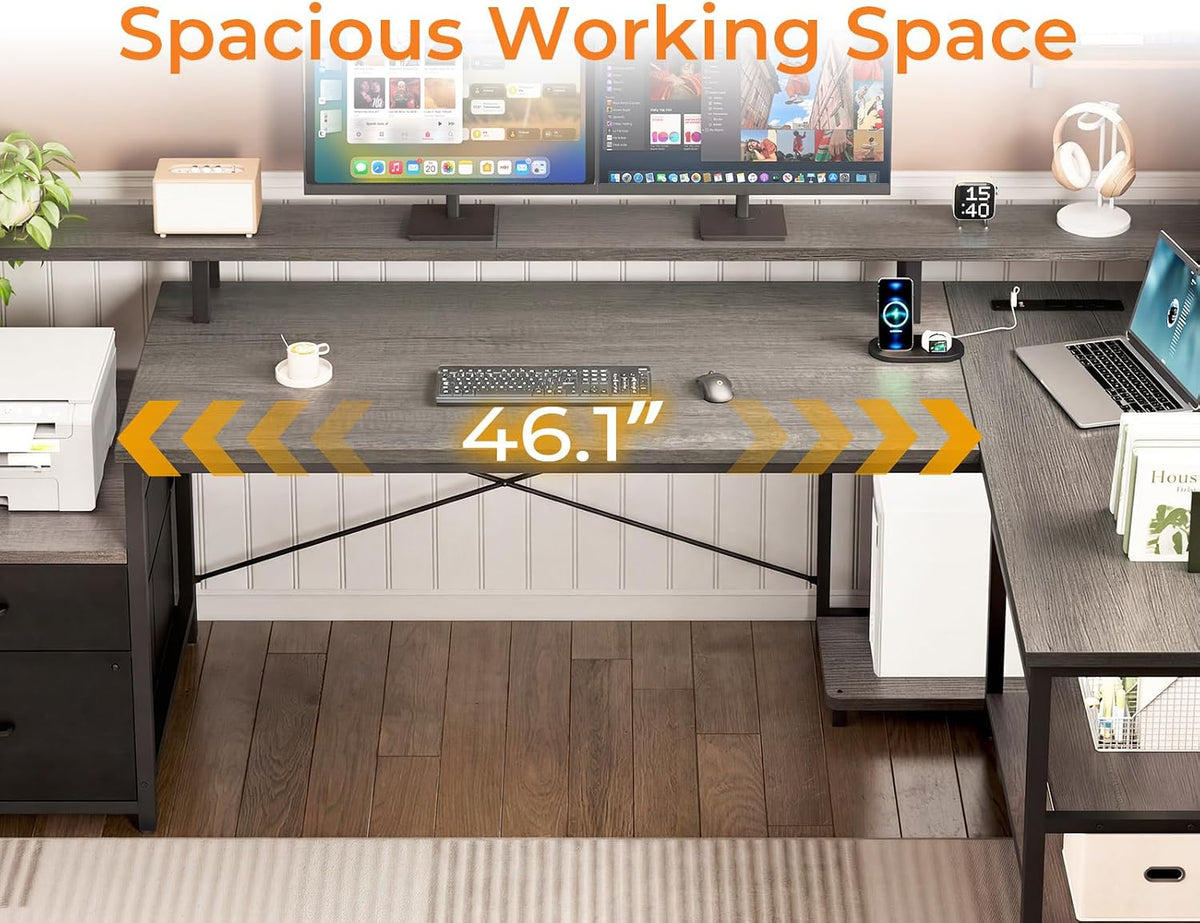 ODK 75' L Shaped Desk with File Drawers, Work from Home Office Desk with Power Outlet, Reversible Computer Desk with Storage Shelves, Gaming Desk with Monitor Shelf, Corner WFM Table, Grey Oak