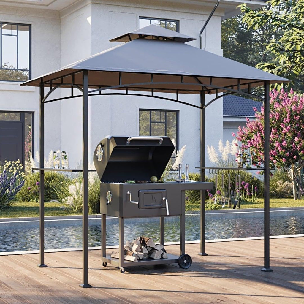 SUNJOY 8 x 5 ft Grill Gazebo with Double Tiered Canopy Roof, Black Steel Frame Grill Gazebo for Outdoor, Patio, Garden, and Backyard Activities, Beige