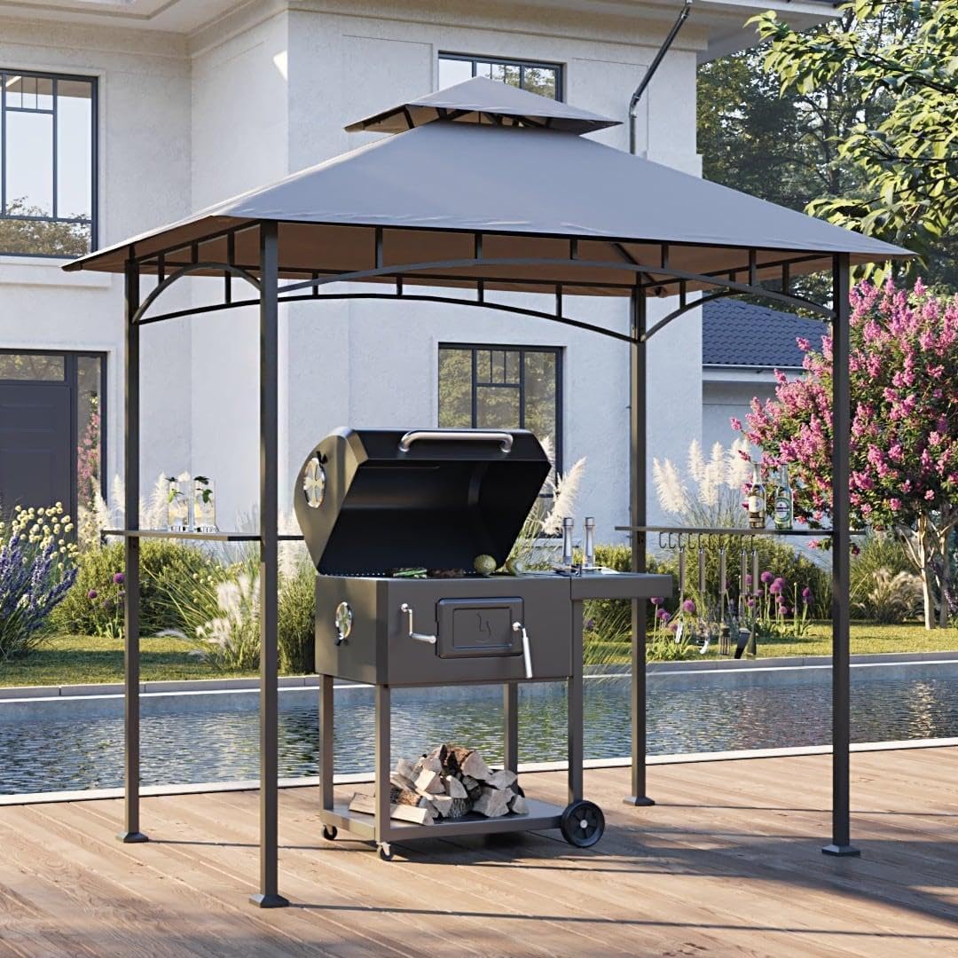 SUNJOY 8 x 5 ft Grill Gazebo with Double Tiered Canopy Roof, Black Steel Frame Grill Gazebo for Outdoor, Patio, Garden, and Backyard Activities, Beige