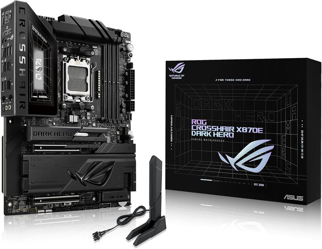 ASUS ROG Crosshair X870E Dark Hero ATX Motherboard, 20+2+2 Power Stages, DDR5 Slots, PCIe® 5.0, Five M.2 Slots, 3D VC M.2 heatsink, USB4®, AI Cache Boost, PCIe Slot Q-Release, AIO Q-Connector