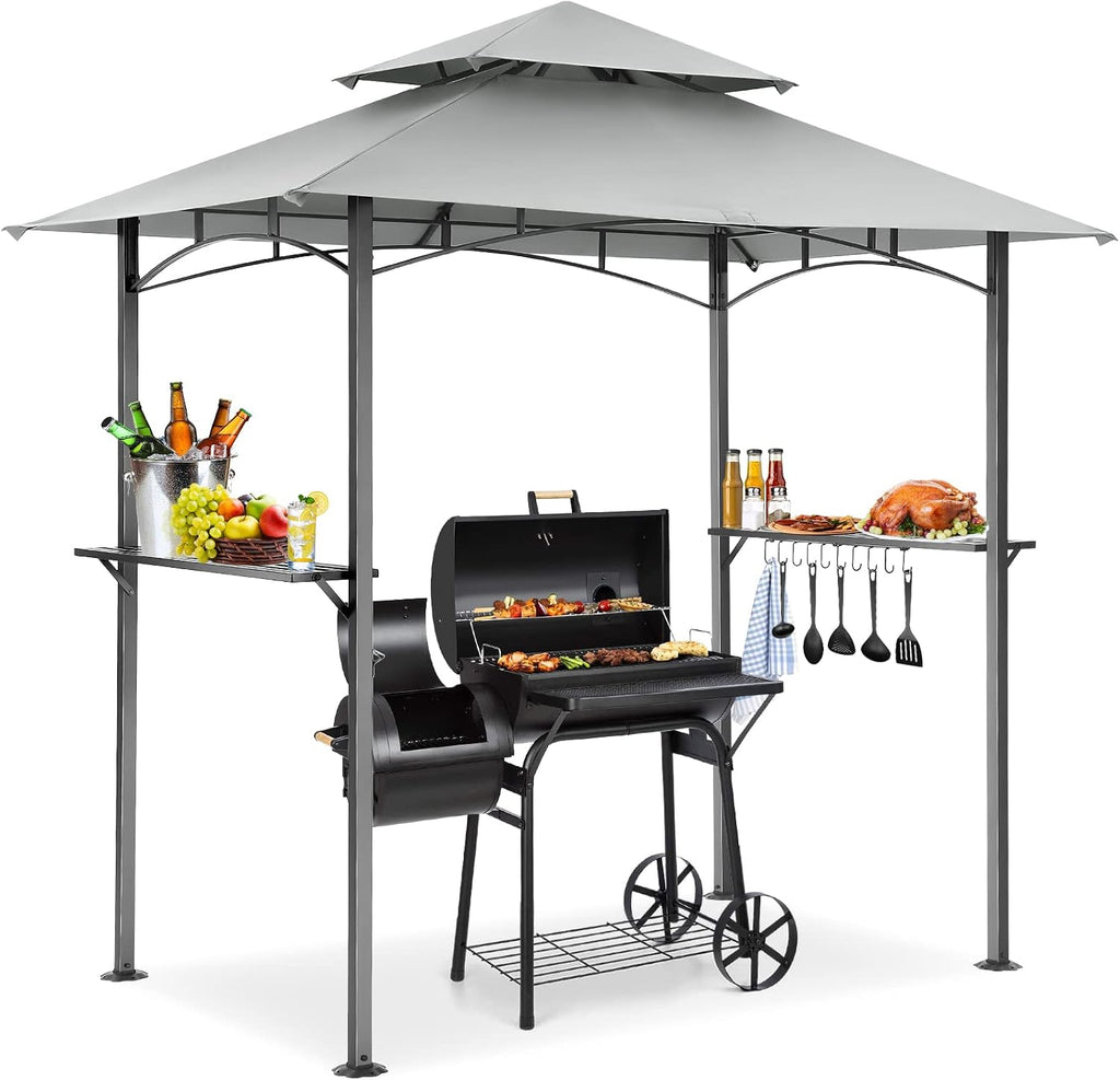 COBIZI 8x5 Grill Gazebo, BBQ Gazebo Shelter, Outdoor Canopy with LED Lights and Two Bar Counters, Double Tiered for Gray