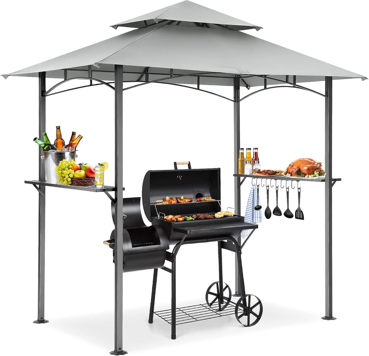 COBIZI 8x5 Grill Gazebo, BBQ Gazebo Shelter, Outdoor Canopy with LED Lights and Two Bar Counters, Double Tiered for Gray