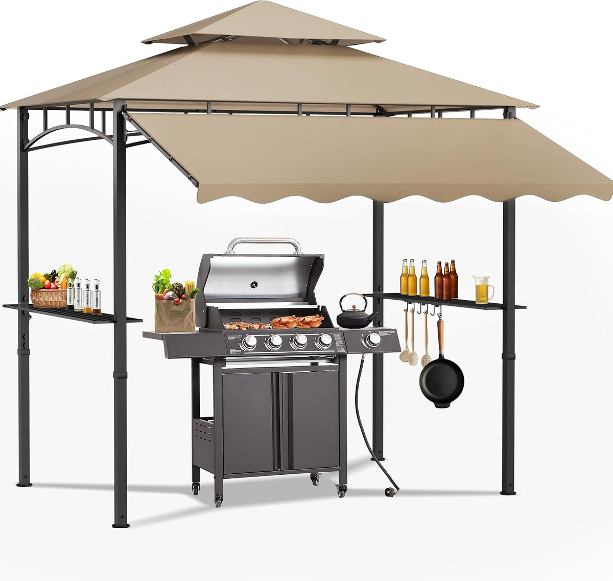 8'X8' Grill Gazebo Canopy - Heavy Duty Steel Frame, Double Tiered Grill Canopy for Outdoor Grill W/Shelves, Ceiling Hooks, Ground Stakes, Patio Canopys Tent BBQ Gazebo Backyard (Kahki)