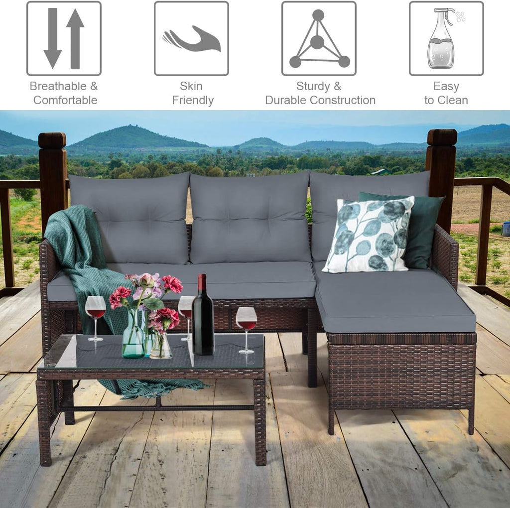 DORTALA Wicker Patio Furniture Set Couch 3 Piece, L-Shaped PE Rattan Outdoor Sectional Sofa Conversation Set with Loveseat, Lounge and Tempered Glass Coffee Table for Garden Lawn Deck, Grey