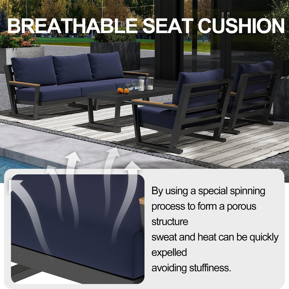 Aug-guan Aluminum Outdoor Sofa,4 Seats Modern Patio Furniture Set,Sectional Sofa Conversation Set with Coffee Table, Upgraded Washable Cushions for Garden Backyard,Blue