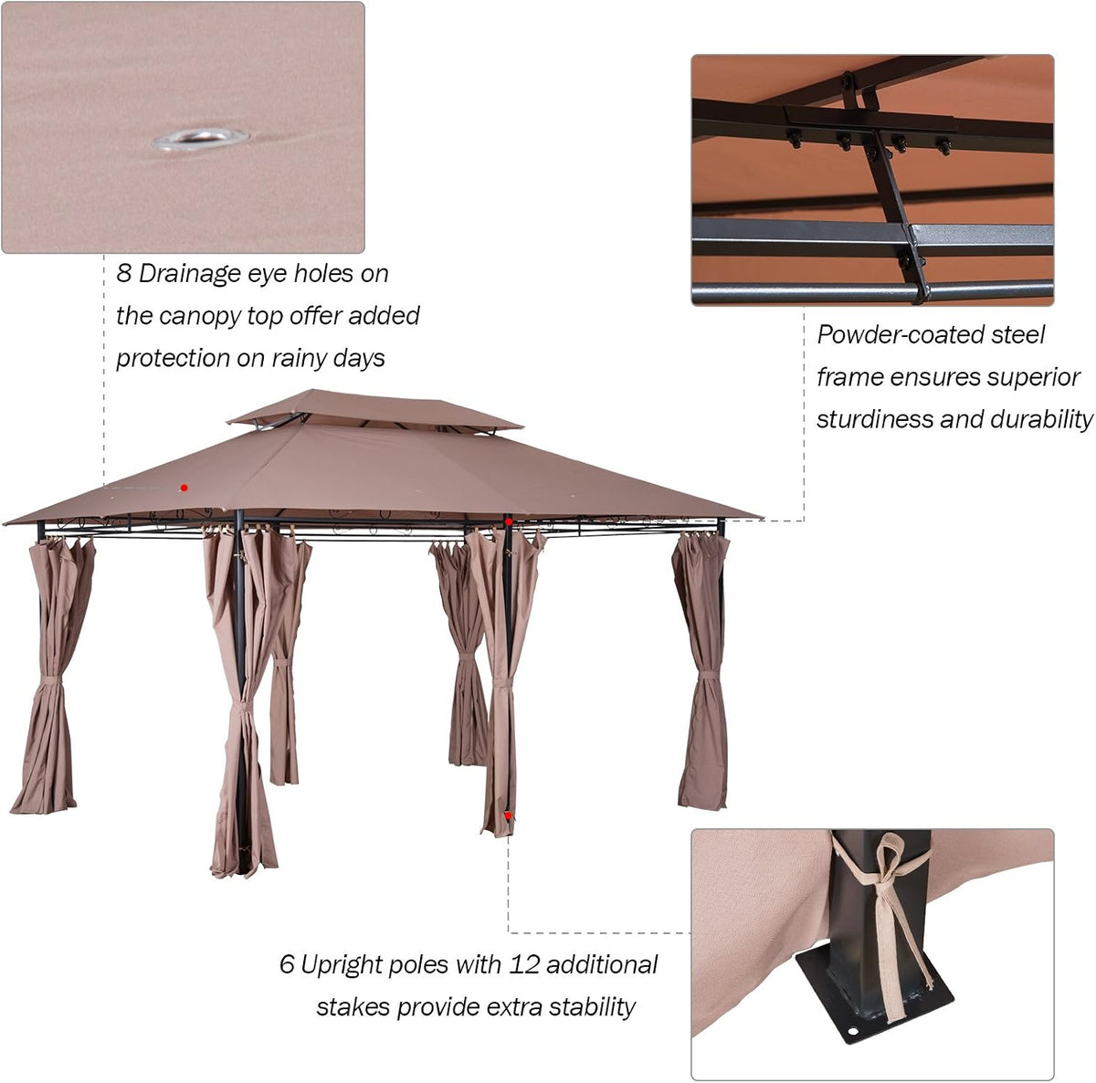Outsunny 10' x 13' Patio Gazebo, Outdoor Gazebo Canopy Shelter with Curtains, Vented Roof, Steel Frame for Garden, Lawn, Backyard and Deck, Khaki