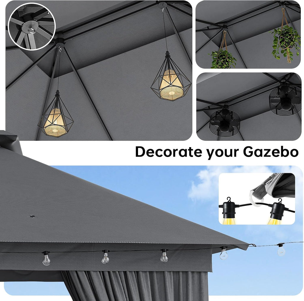 Outdoor Gazebo Metal Frame Patio Pergola Double Roofs Patio Canopy with Double-Layer Door and Mosquito Netting for Deck, Backyard, Lawn (Grey, 10x12FT)