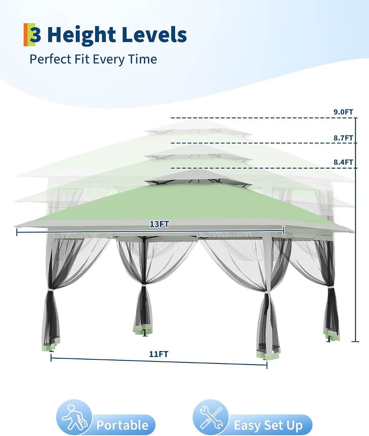 Canopy Tent 13x13 ft, Pop Up Gazebo One-Push Setup with 4 SandBags for Backyard Parties and BBQs, Mosquito Netting & Height Adjustable - Olive Green