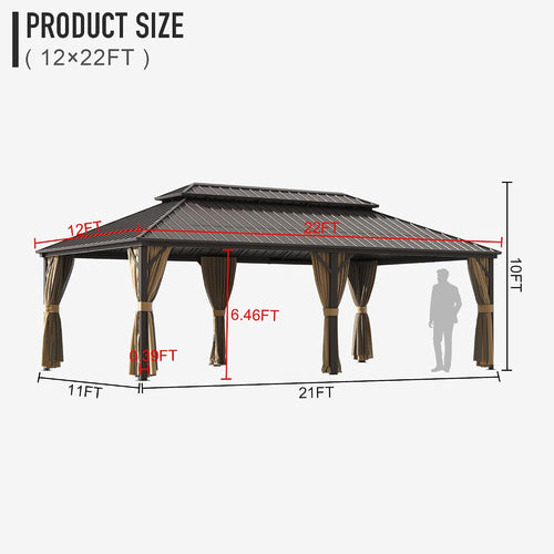 12×22 ft Outdoor Gazebo with Double-Layered Galvanized Steel roof, Hard-top Canopy Featuring Curtains and mesh Panels, Suitable for patios, Gardens, Decks, lawns, and backyards.