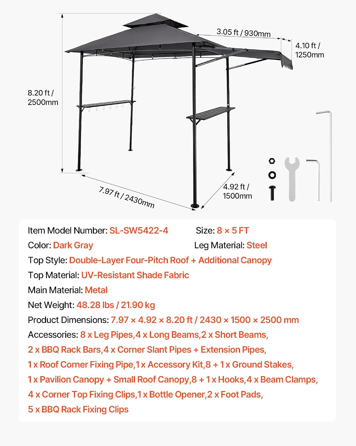 VEVOR Grill Gazebo, 8 x 5 ft Double-Tiered Top, BBQ Gazebo with Extra Awning, Powder-Coated Steel Patio Grill Shelter with 2 Side Shelves, Bottle Opener & Hooks, Outdoor Grilling Canopy for Garden