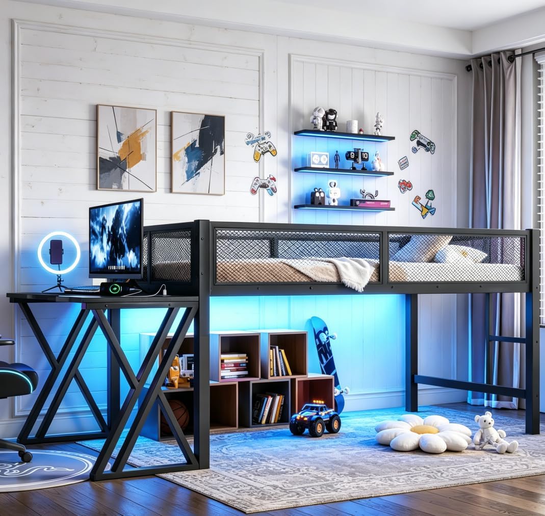 Bellemave Twin XL Loft Bed with Desk, Gaming mid loft Bed with Desk of X-Shaped Leg, LED for Adults, Teens, Kids, Black