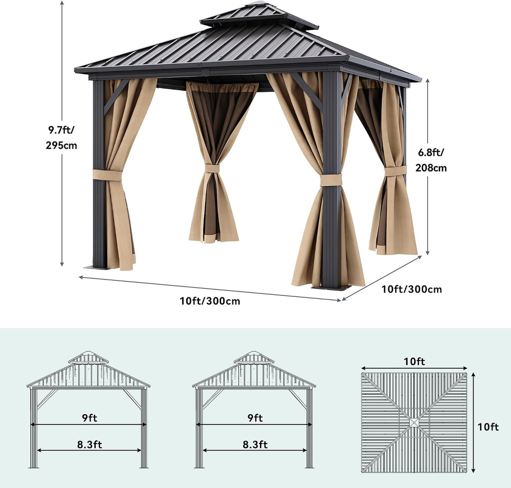 YITAHOME 10x10ft Gazebo Double Roof Hardtop with Nettings and Curtains, Heavy Duty Galvanized Steel Outdoor Vertical Stripes Roof for Patio, Backyard, Deck, Lawns, Brown