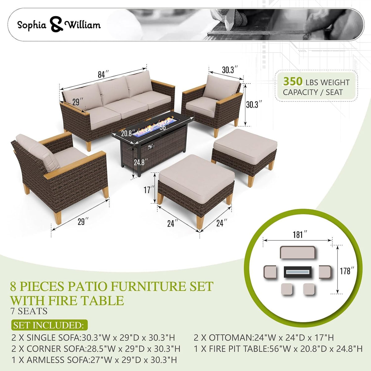 Sophia & William Patio Furniture Set with Fire Pit Table, Large Outdoor Wicker Rattan Sectional Sofa 8 Piece Patio Conversation Set for Deck, Backyard, Porch, Outside(56-Inch Fire Pit,Beige)