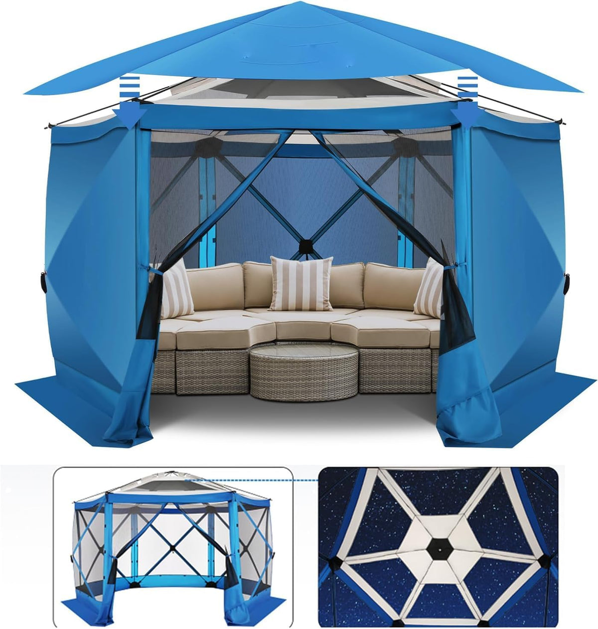 COBIZI 12x12 FT Pop Up Canopy Stargazing Tent, Gazebos On Clearance with Removable Roof, Screened in Gazebo, Screen Tents Portable carpas para Patio for Outdoor Camping,Backyard, Garden, Blue(Pro)