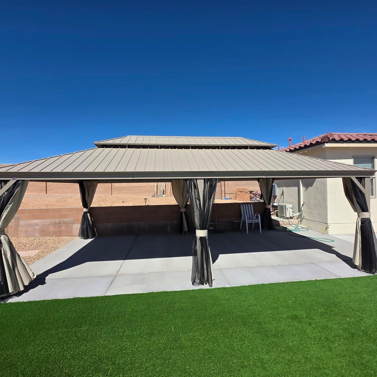 PURPLE LEAF Outdoor Gazebo 14'X24'，Champagne Hardtop Gazebo with Galvanized Steel Double Roof, Permanent Patio Gazebo with Curtains and Netting for Patio Lawn Garden and Deck