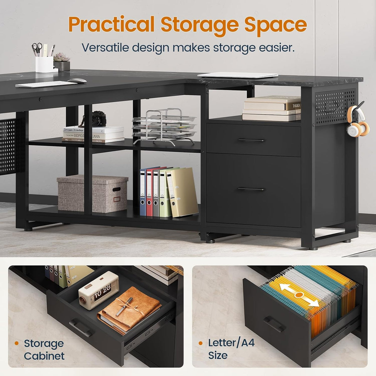 71 in Executive Desk with Power Outlets, Reversible L Shaped Desk with File Drawers & Storage Shelves, Large Office Desk Computer Desk with Pegboard, Mobile CPU Stand, Modern Corner Desk (Black)