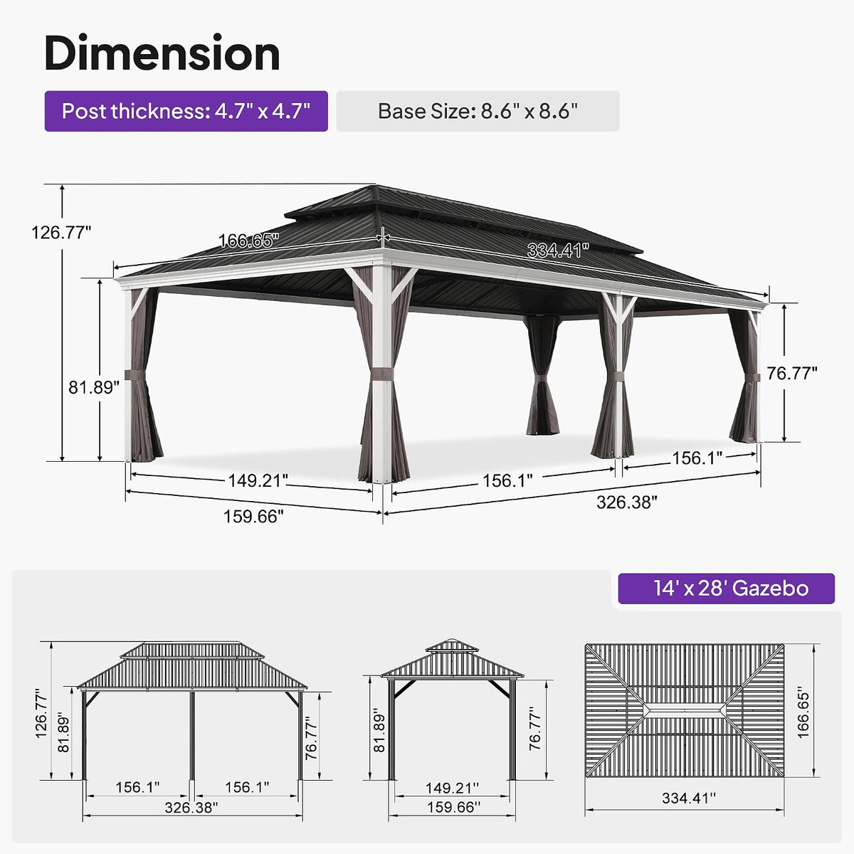PURPLE LEAF 14' X 28' Hardtop Gazebo with Double Galvanized Steel Roof Awning and Upgrade Curtain for Patio Lawn and Garden, Grey