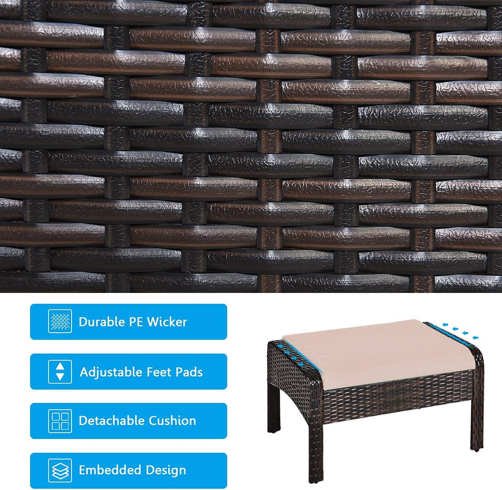 HAPPYGRILL 5-Piece Patio Furniture Set Outdoor Rattan Wicker Conversation Set with Coffee Table Cushioned Sofas and Ottoman Chat Set for Garden Backyard
