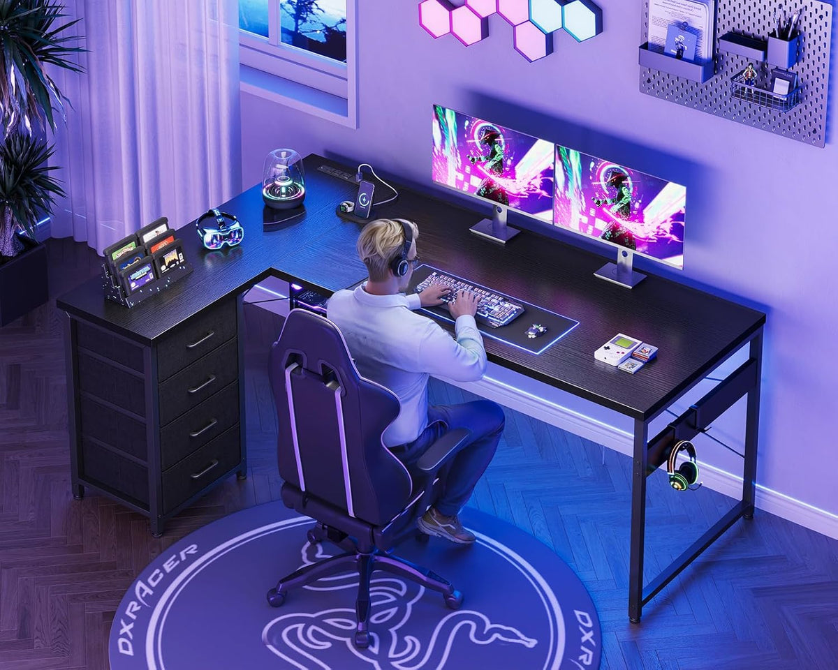 AODK L Shaped Gaming Desk with 4 Drawers, 61' Reversible Home Office Desks with Power Outlets, L Shaped Computer Desk with USB Charging Port and Host Stand, Corner Desk, Easy to Assemble, Black